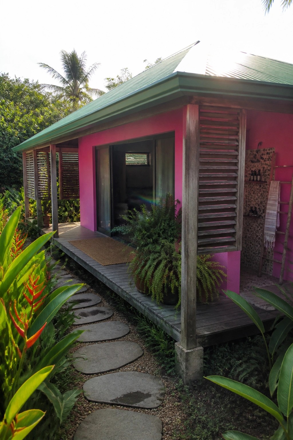 A small house with bright pink exterior walls, a green metal roof, and a wooden deck, set among tropical plants with a stone path leading to the entrance.