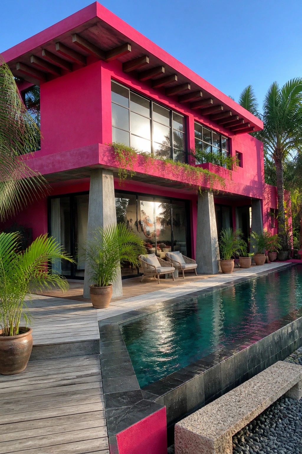 A two-story house with bright pink stucco walls, large windows, concrete pillars, a long pool along the front, and tropical plants in pots on a wooden deck.