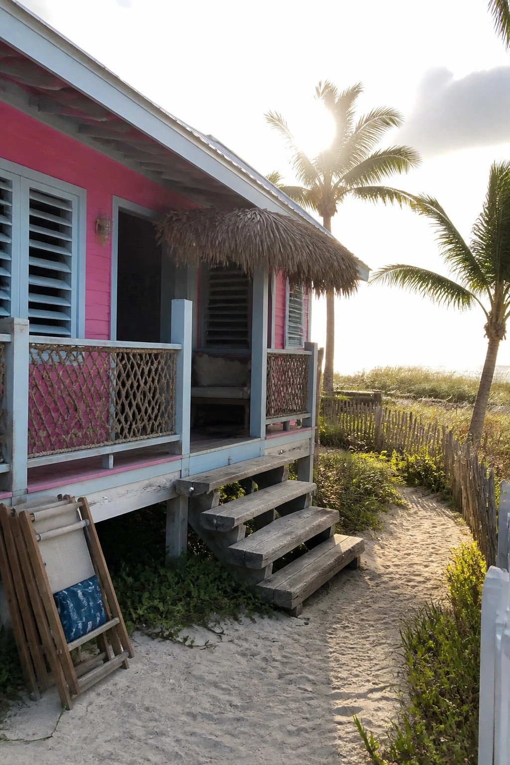 Pink beach house with blue trim, thatched porch, wooden steps on sandy palm-lined path.