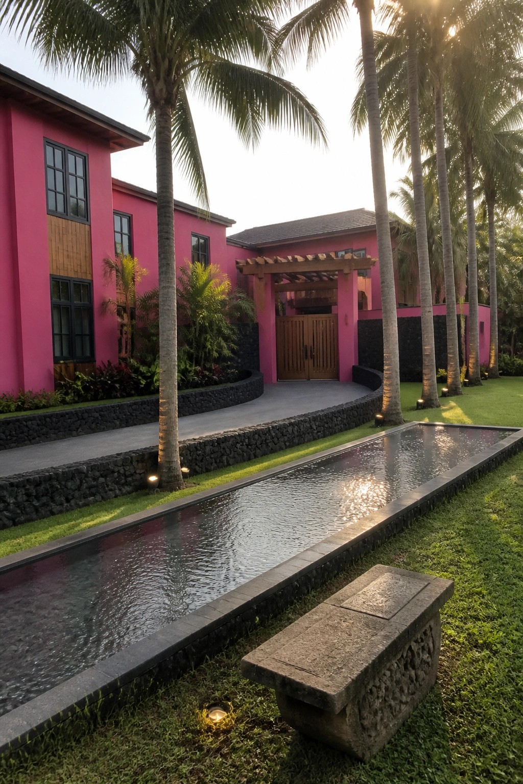A bright pink tropical house exterior with dark stone accents, wooden doors under a pergola, a long water feature in front, and tall palm trees along the lawn.
