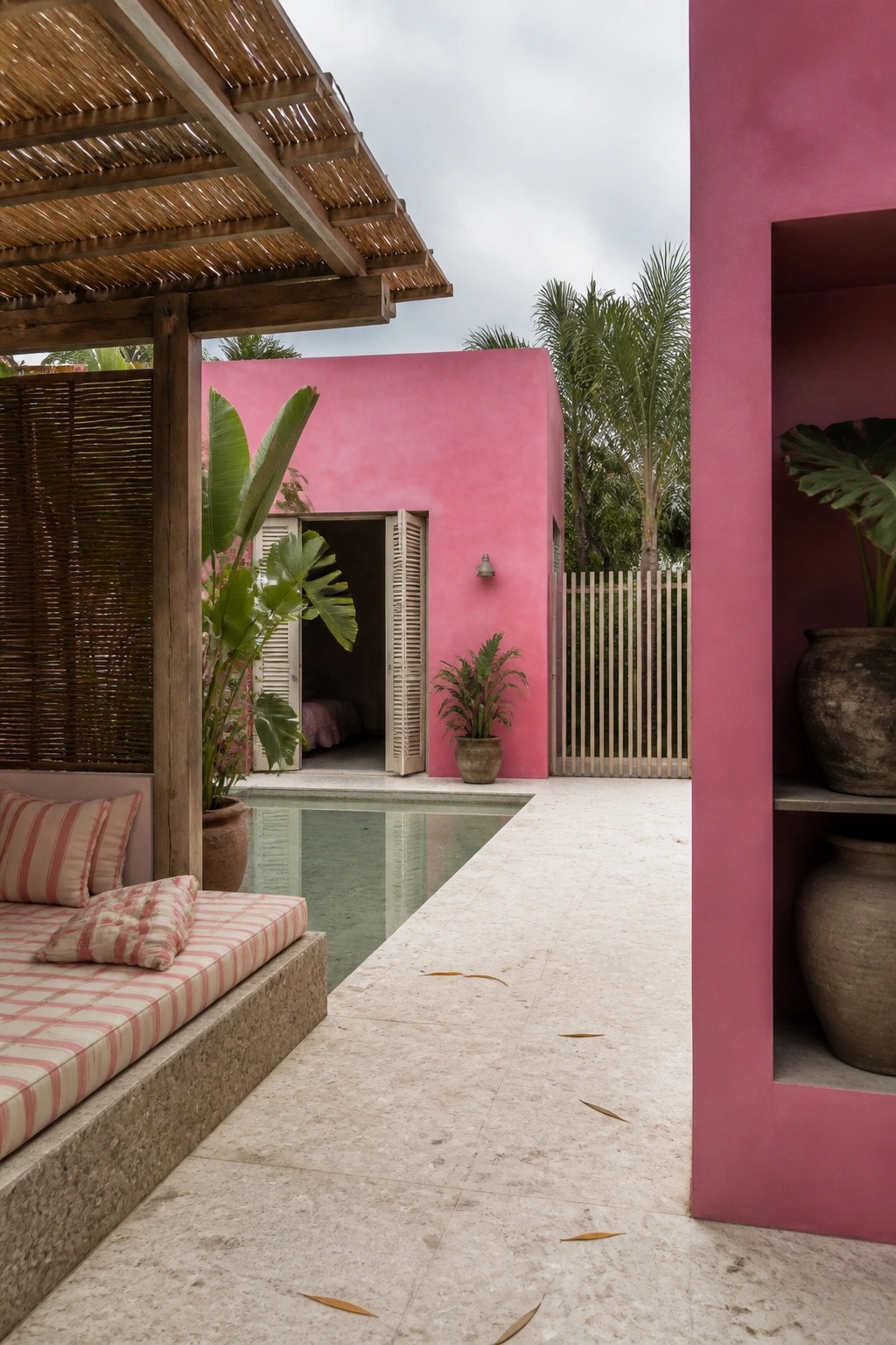 An outdoor pool area beside a bright pink wall, with a daybed under a thatched wooden pergola and several large potted plants.