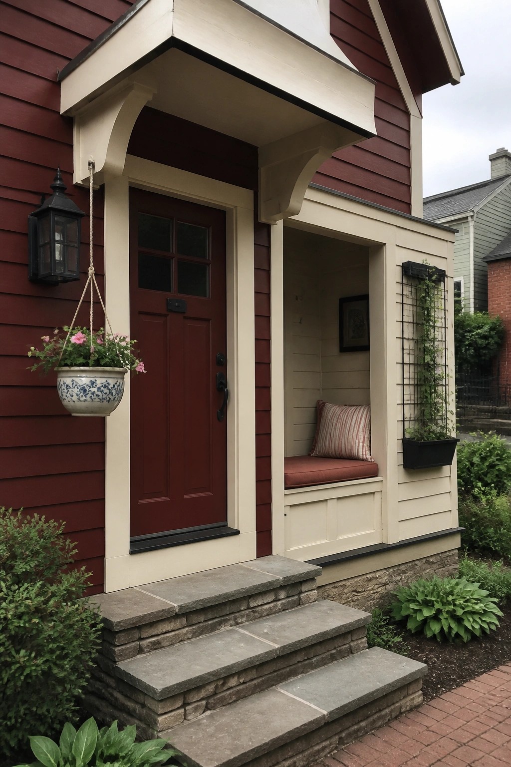 Red door with beige trim, hanging plant, lantern, bench on porch, stone steps.