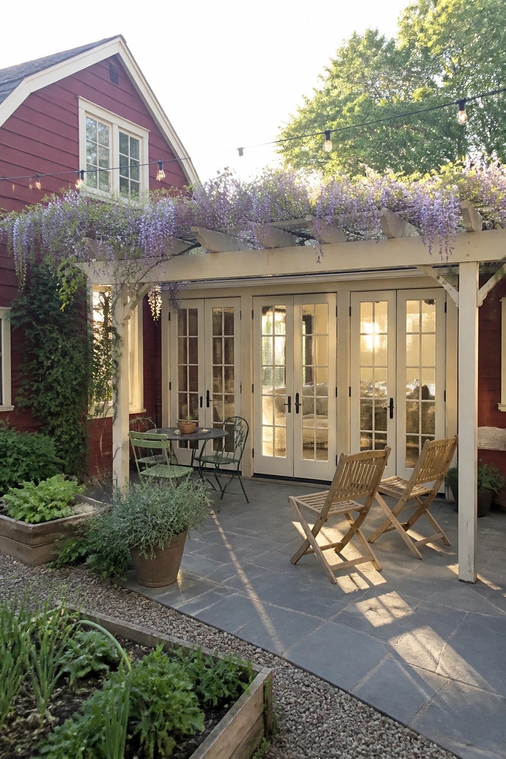 A red cottage exterior with cream trim features a stone patio under a white pergola draped in purple wisteria, with wooden folding chairs and French doors opening outward.