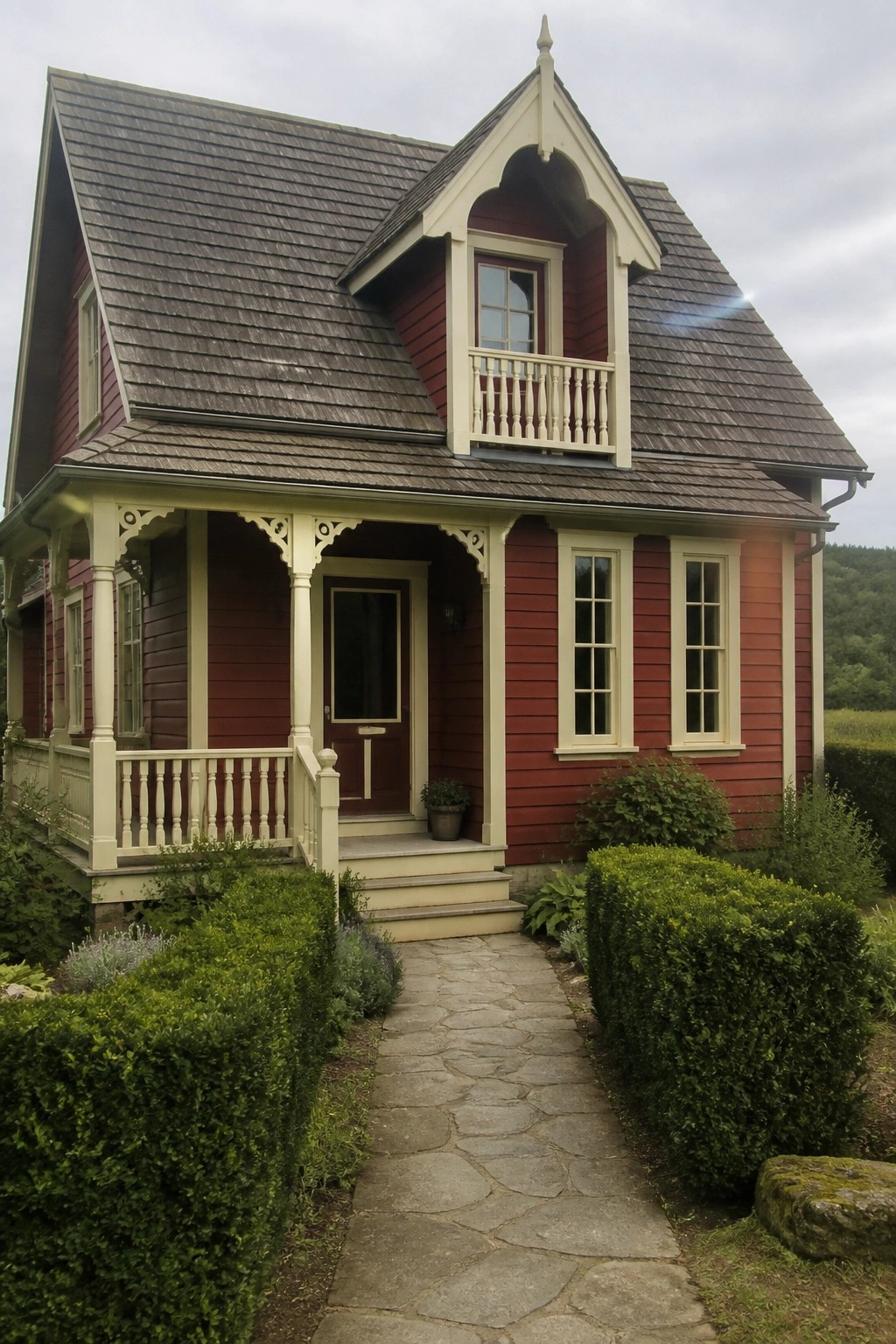 A red wooden cottage exterior with cream trim around windows, door, porch columns, and gable, shown with a stone pathway and green shrubs in front.