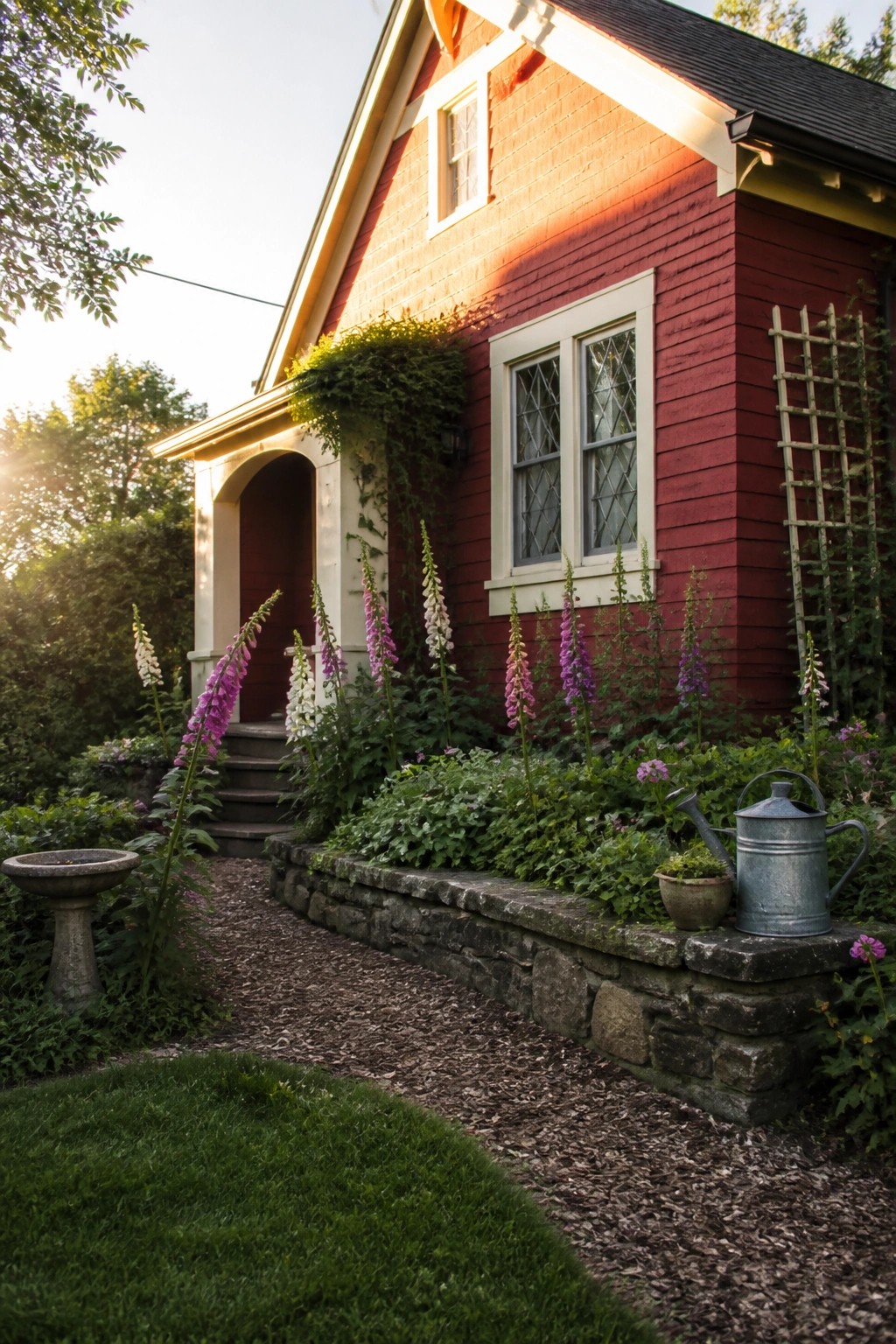 A red wooden cottage exterior with cream trim around the windows and arched entry door, set beside a garden with tall flowers and a low stone wall.