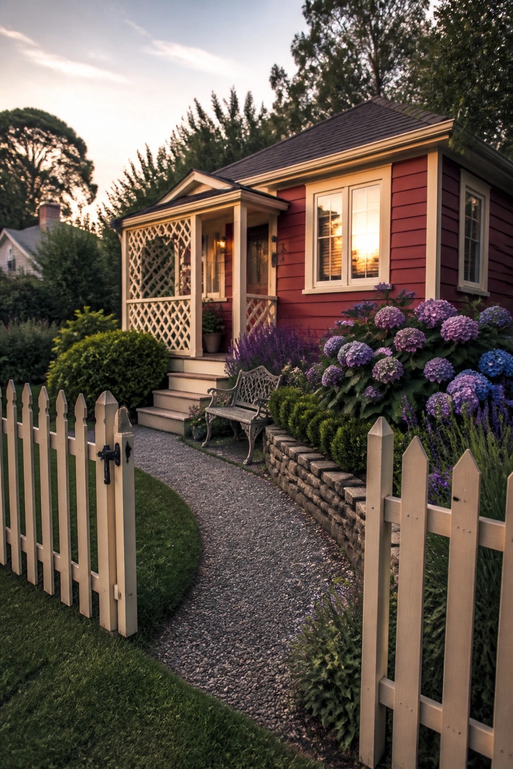A red cottage with cream trim around windows and porch, a gravel path, white picket fence, and purple and blue hydrangeas in the garden.
