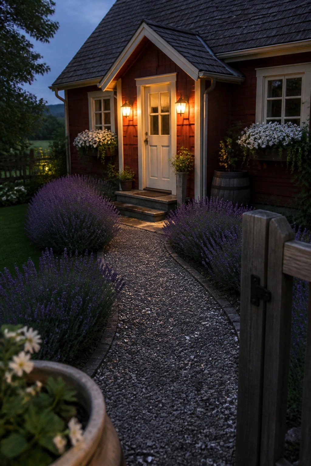 Red cottage entrance with white door, glowing lanterns, lavender-lined gravel path at dusk.