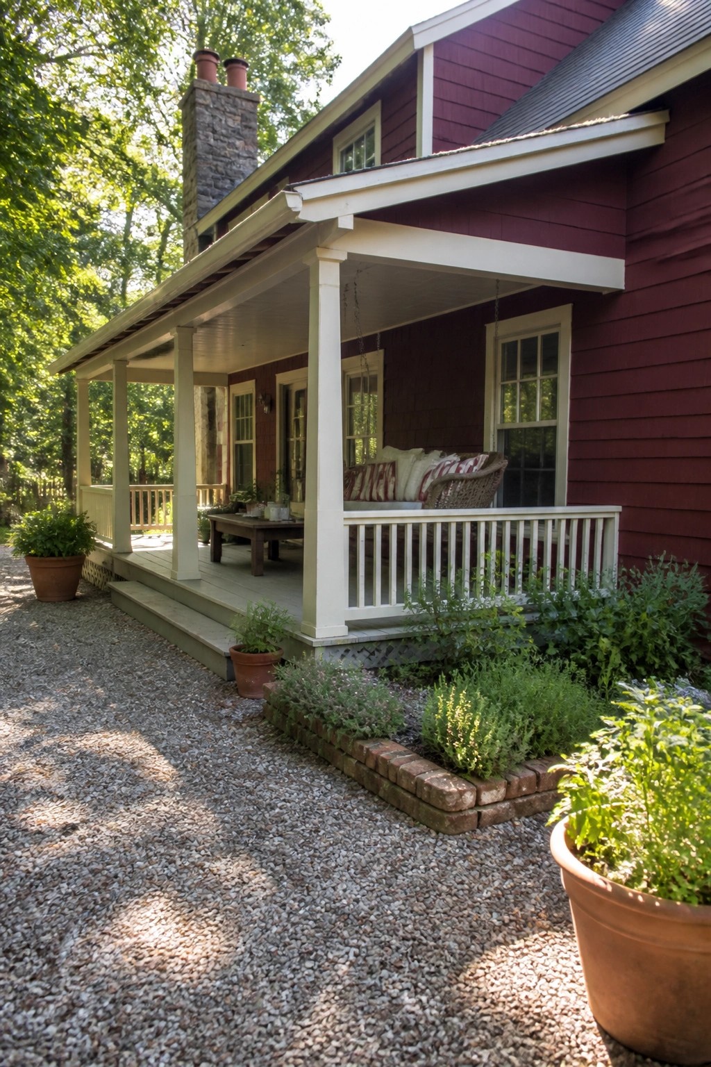 A red wooden house with cream trim, a covered porch with white railings, and gravel landscaping with potted plants.