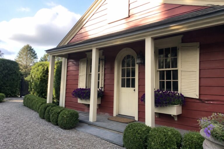 19 Charming Red Cottage Exteriors Framed by Soft Cream Trim A red cottage exterior with cream trim on the windows, door surround, and porch columns, showing an arched front door and window boxes.