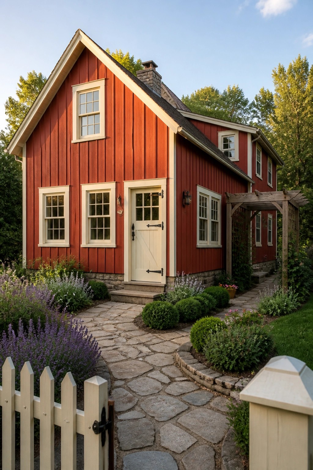 A red wooden cottage with cream trim on windows and door, stone foundation, cobblestone path, and garden beds along the front.