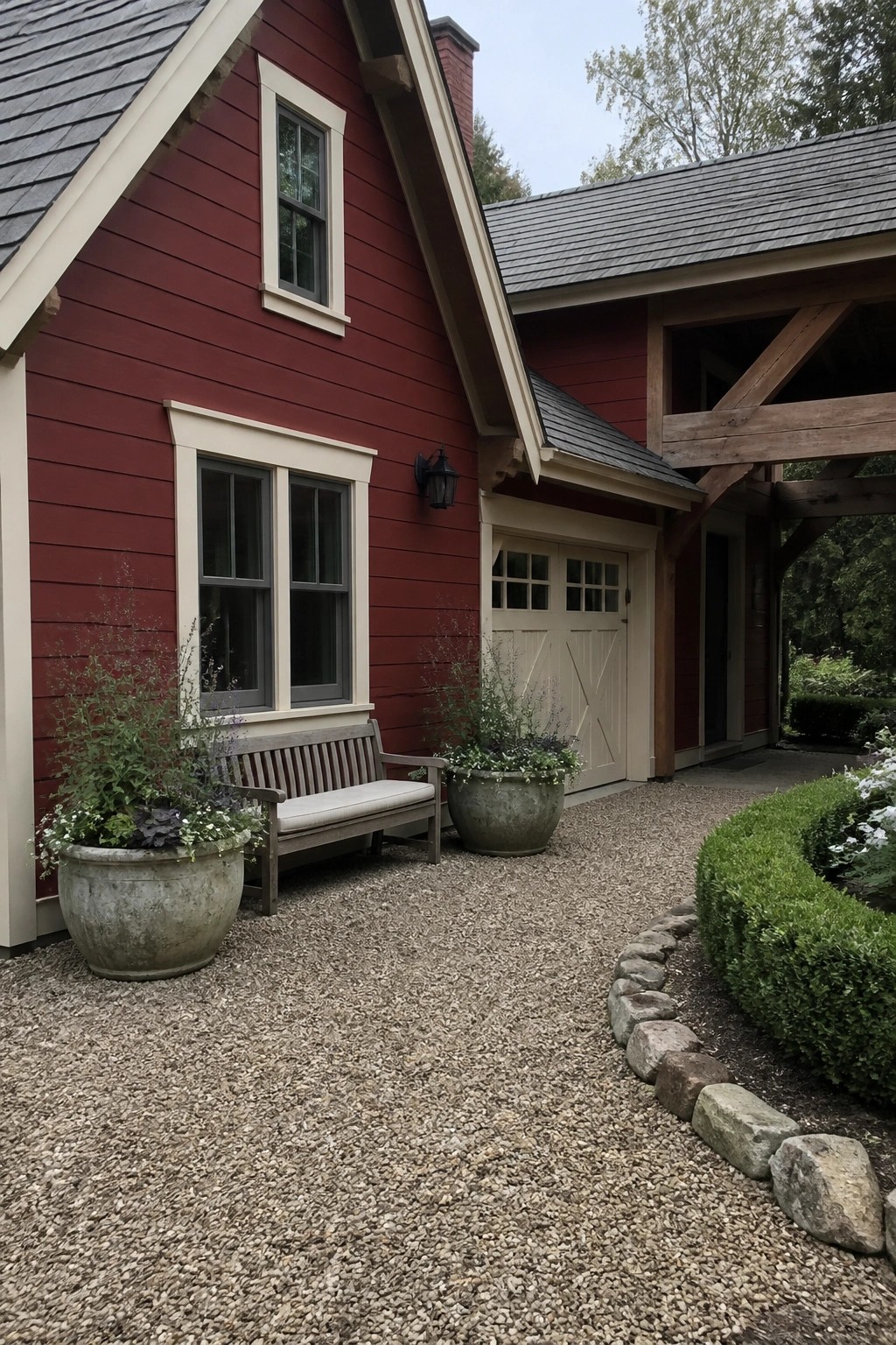 A red wood-sided cottage with cream trim around the windows and door, a gravel area in front, and two large planters beside a wooden bench.