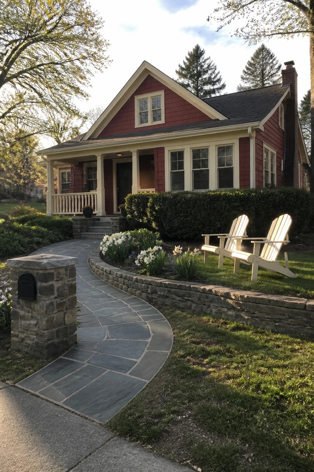 A red cottage exterior with cream trim shows a front porch, stone path, and two white chairs on the lawn.