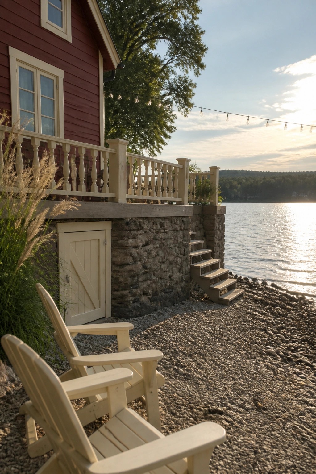 Red cabin deck with white Adirondack chairs on pebble beach by lake stairs