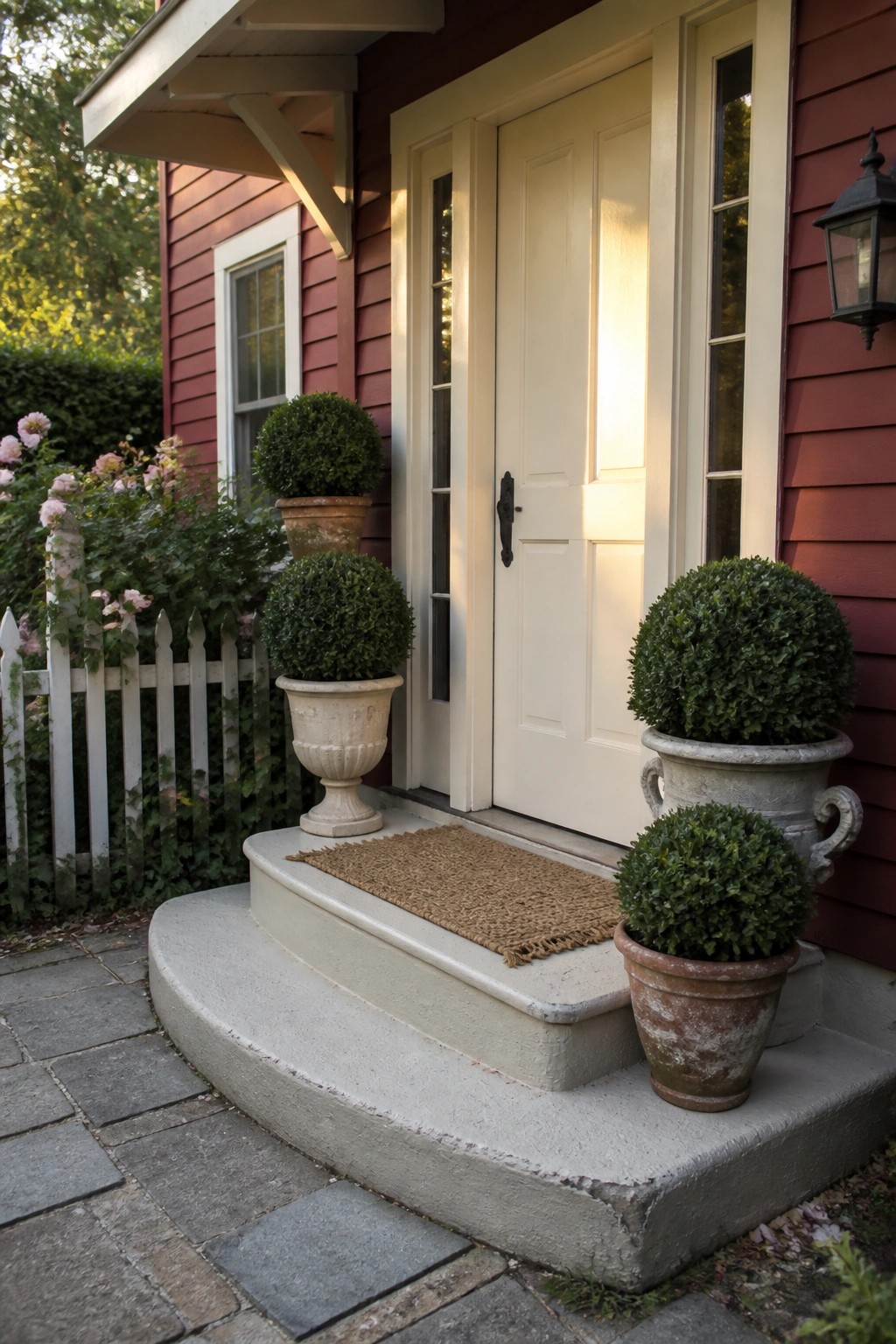 Red house entrance with white door, potted topiaries, and doormat on steps