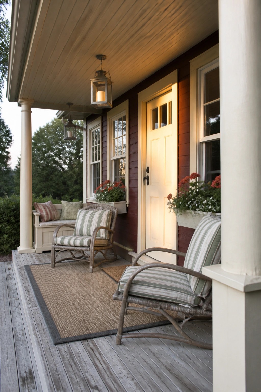A red cottage porch with cream trim shows two wicker chairs with green striped cushions on a large woven rug beside a white door and flower boxes.