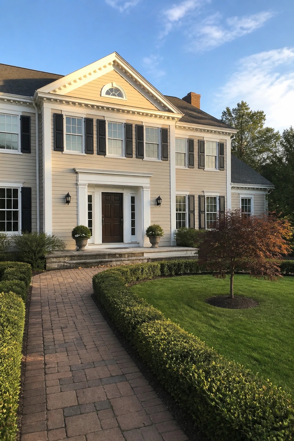 Large beige two-story house with black shutters, white trim, brick walkway, and manicured lawn.
