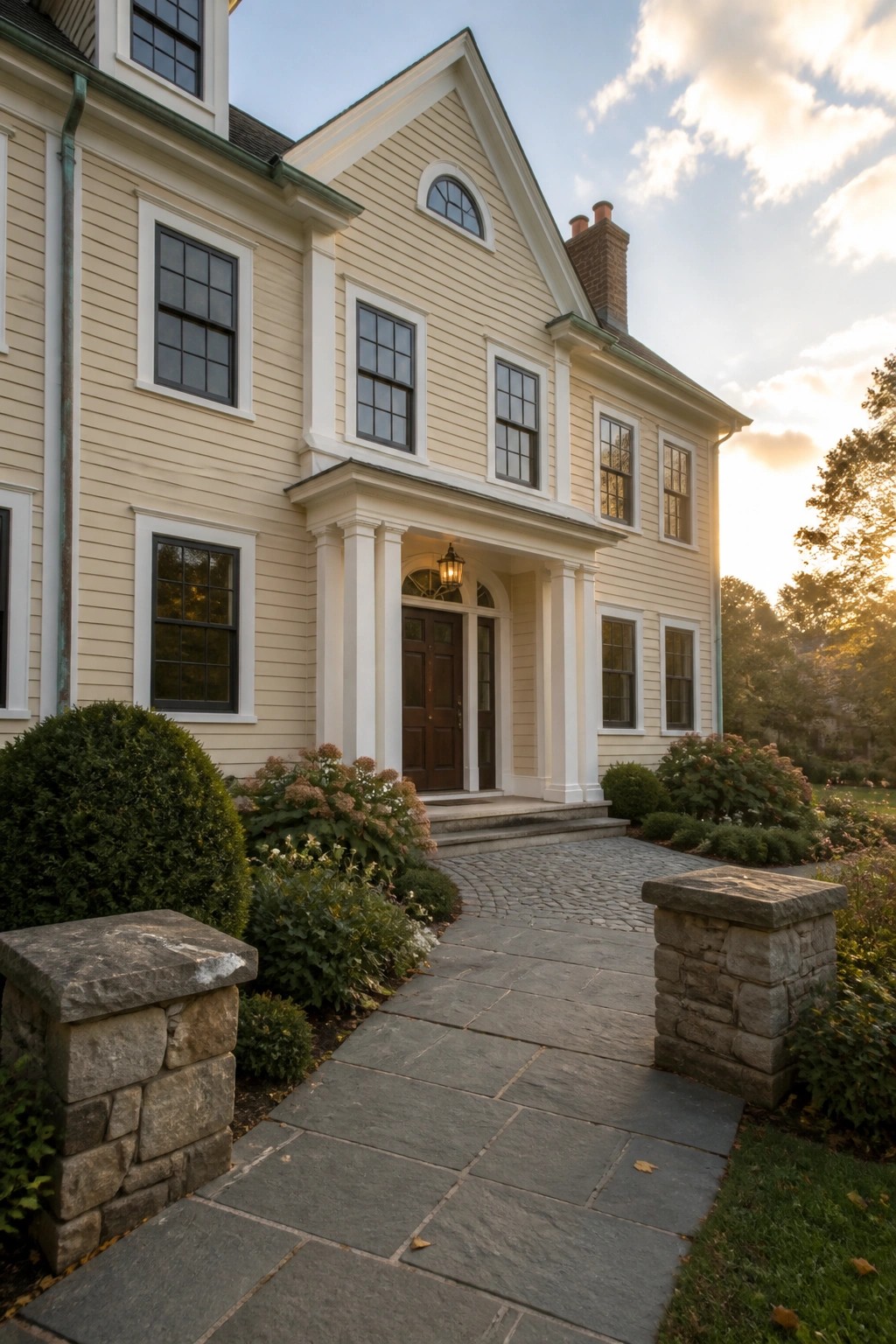 Front view of a two-story colonial house with beige siding, white trim, white columns at the entry, and a stone walkway leading to the front door.