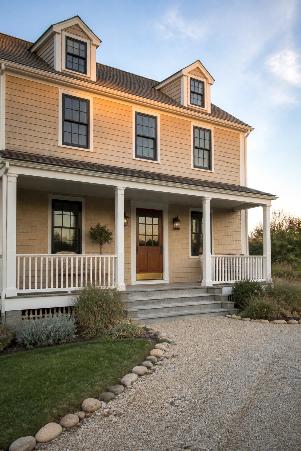 A two-story colonial house with beige shingle siding, white trim and columns, a covered front porch, and a gravel driveway bordered by stones.