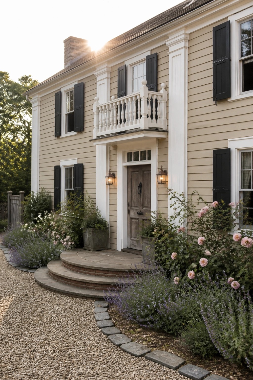 A two-story colonial house with beige siding, white trim and columns, black shutters, a centered wooden door, and a small balcony above the entrance, with garden beds along a gravel path.