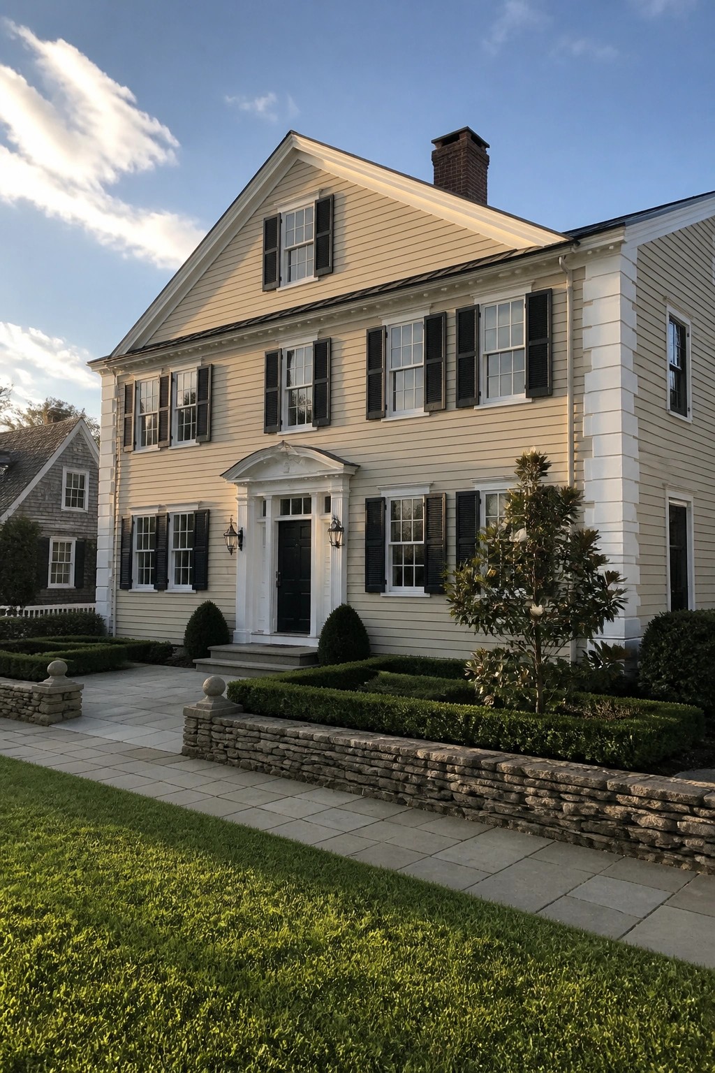 A two-story colonial house with beige siding, white trim, black shutters, and a front garden bordered by a low stone wall.