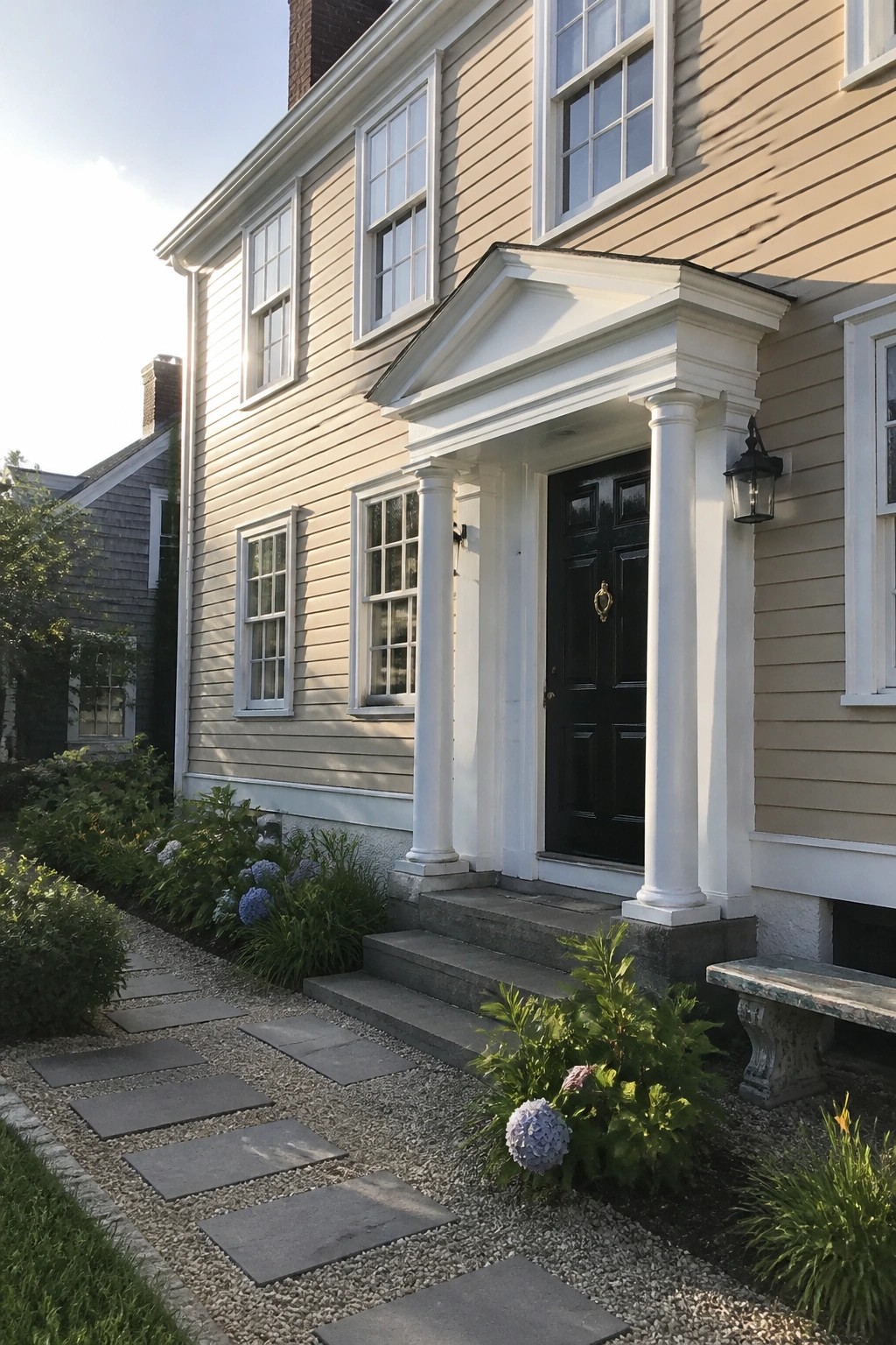 Beige colonial house exterior with white trim, columns, and pediment over a black six-panel front door, stone steps, and gravel path.