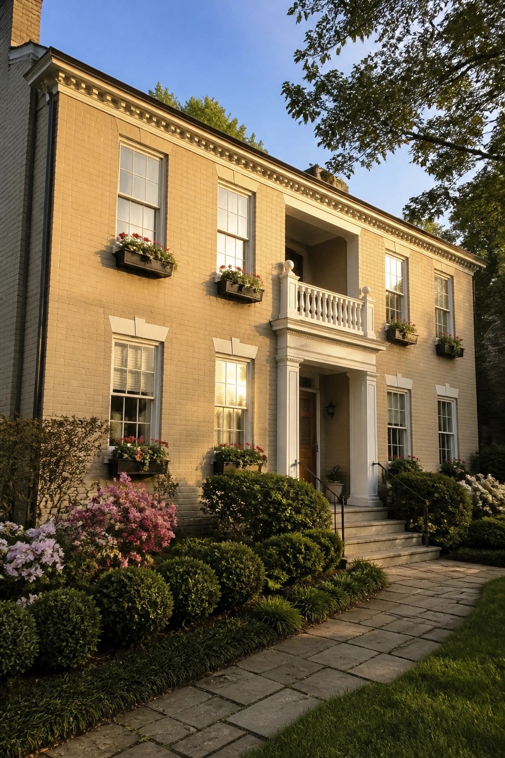 A two-story beige brick colonial house with white columns, trim, and multiple flower boxes beneath the windows, seen from a stone walkway.
