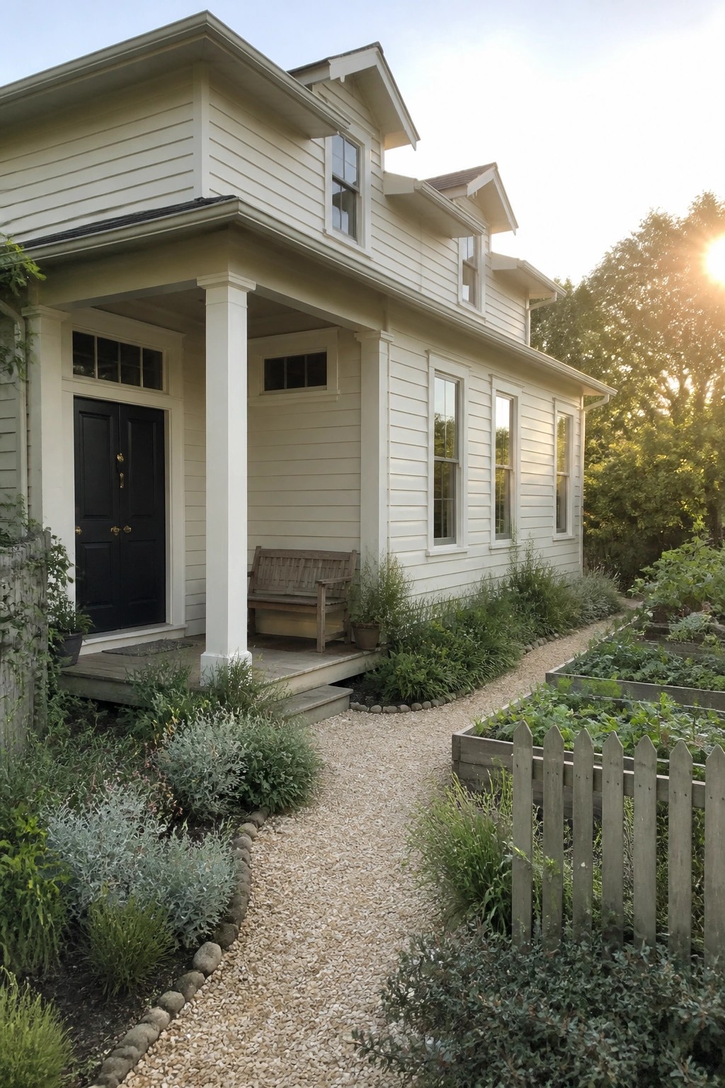A beige colonial house with white trim, a black front door on a covered porch, and a gravel path next to raised garden beds.
