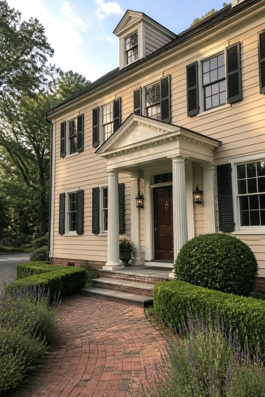 Yellow colonial house with black shutters, white columns, and brick walkway amid greenery