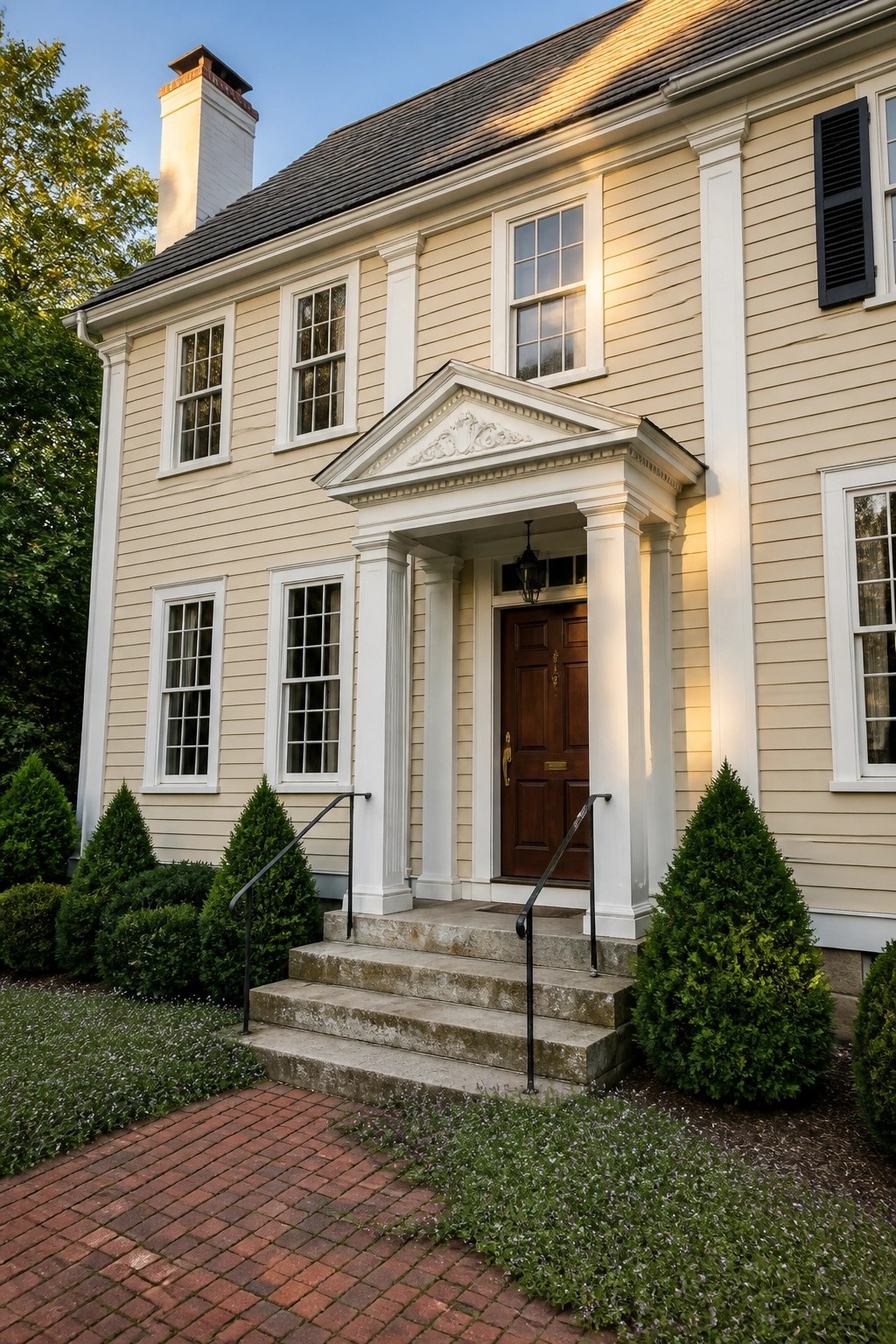 Pale yellow colonial house with white portico, brown door, and stone steps