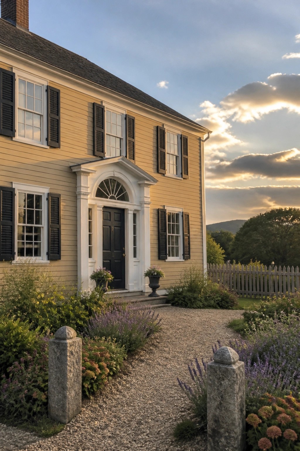 Yellow colonial house with black shutters, white portico, and blooming gardens along gravel path at sunset.