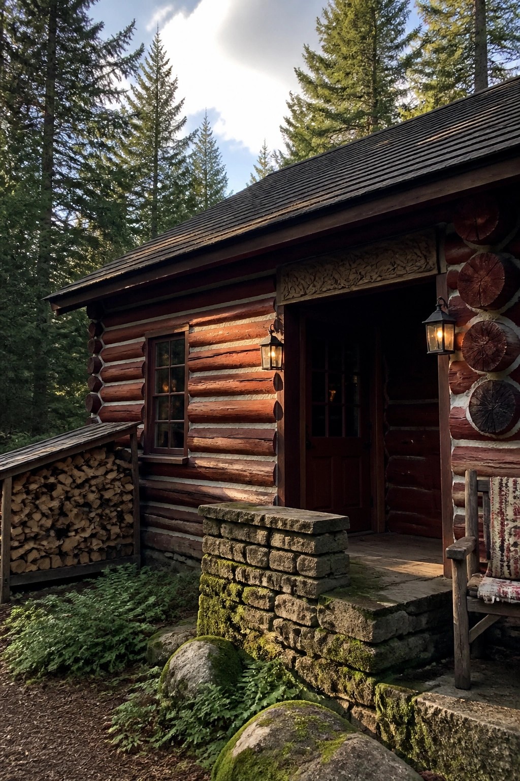 A red log cabin exterior with a mossy stone foundation and steps, a wooden door, and a small porch chair set against a forest backdrop.