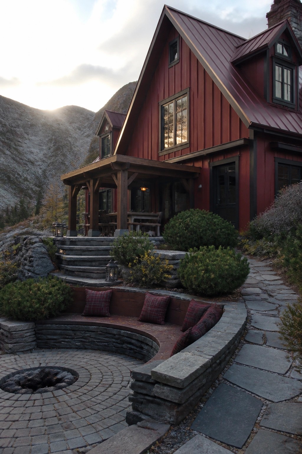 A red wooden cabin exterior with a porch, stone steps, and a curved stone bench surrounding a brick fire pit on a flagstone path.
