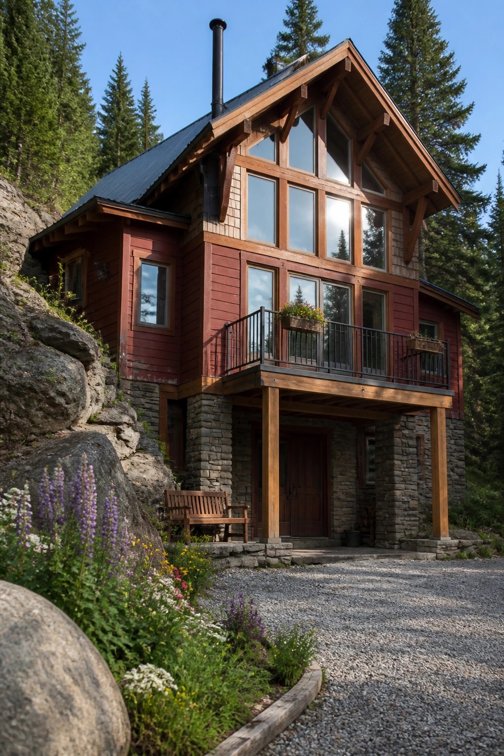 Red wooden cabin with stone base, balcony, and wildflowers amid pine trees