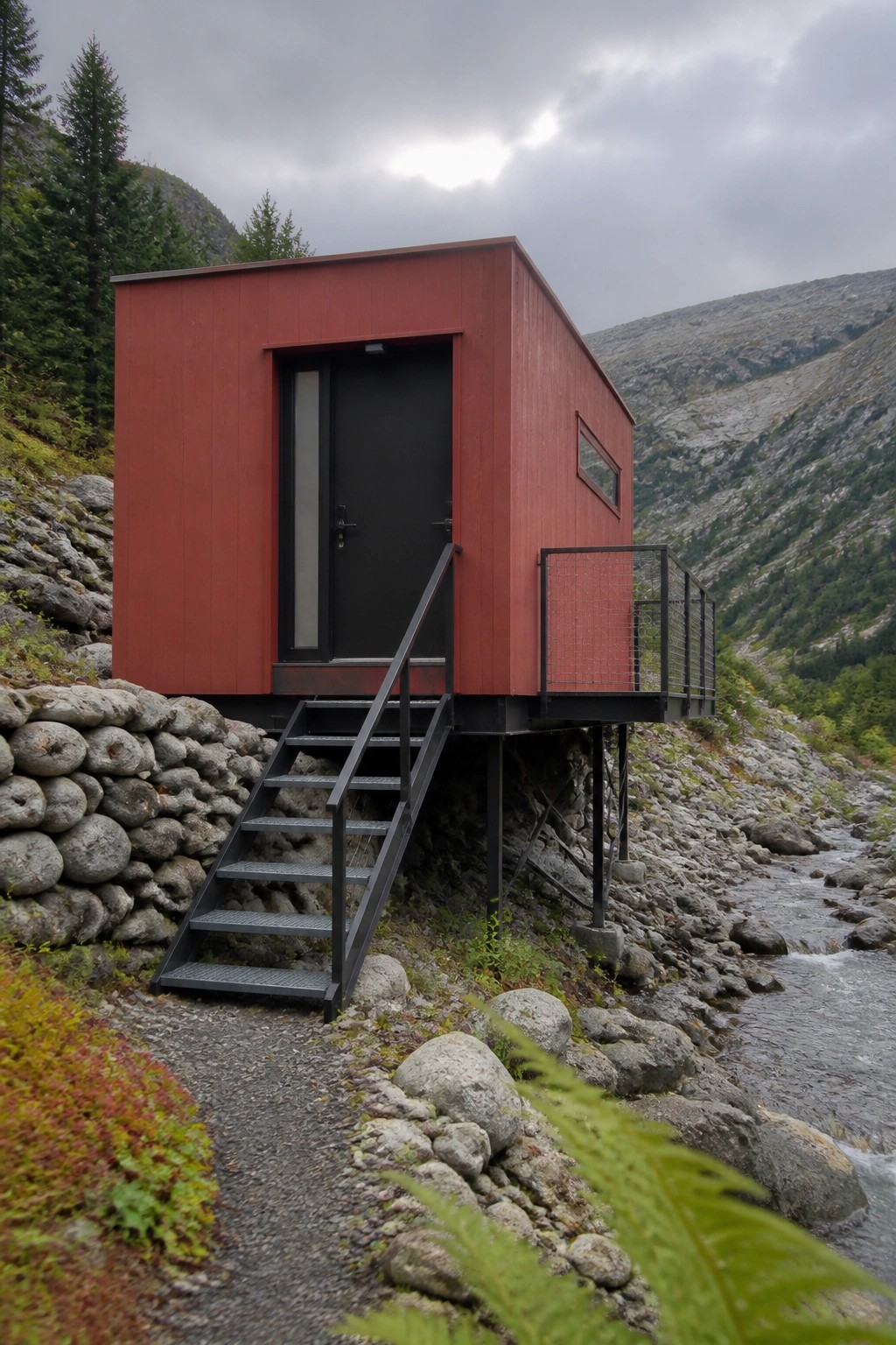 A red cabin raised on black metal supports with a staircase leading to the door, positioned on a rocky slope next to a stream in a mountainous area.