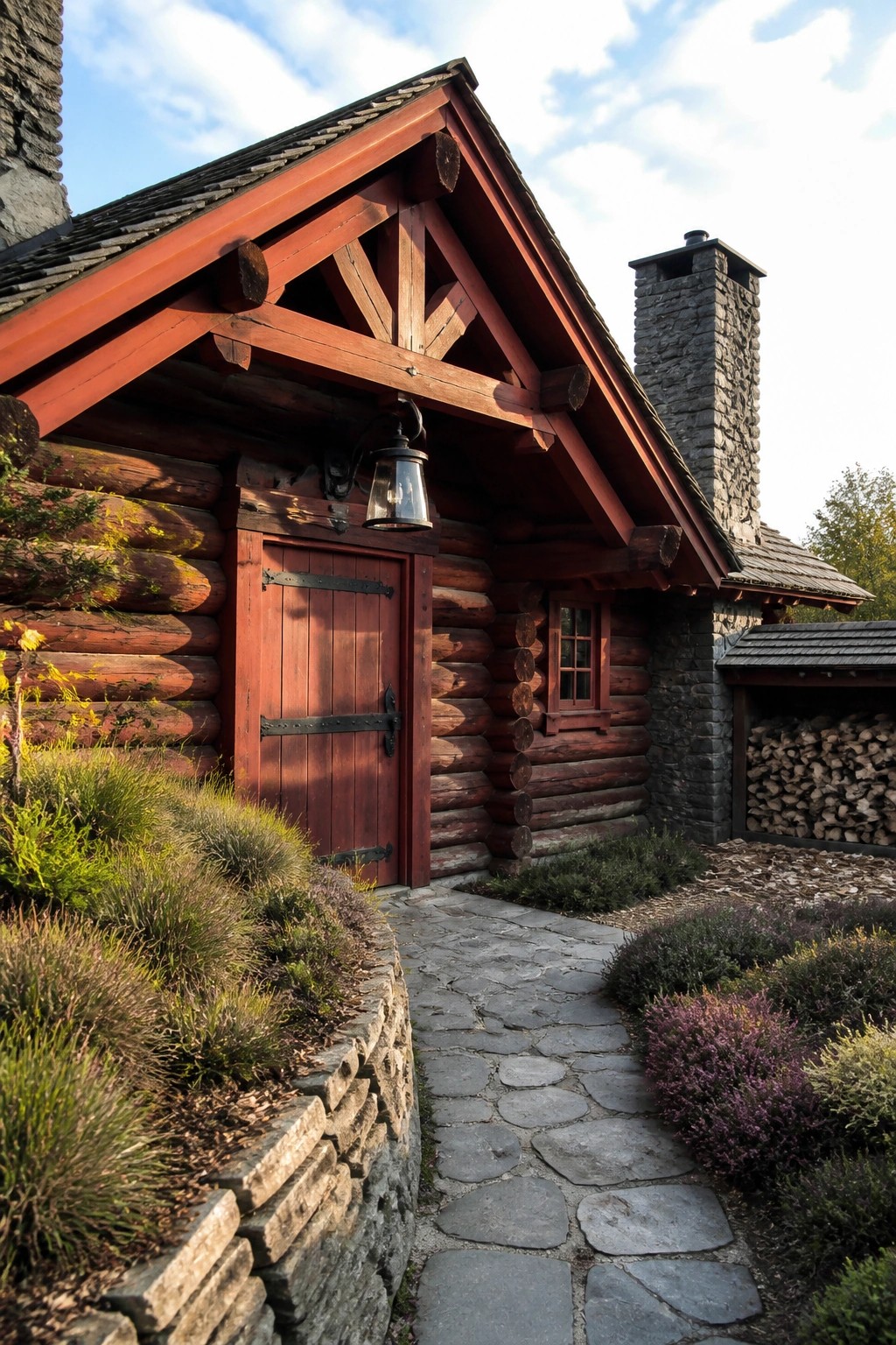 A log cabin exterior featuring a red wooden door, exposed timber beams, a stone chimney, and a stone pathway leading to the entrance.