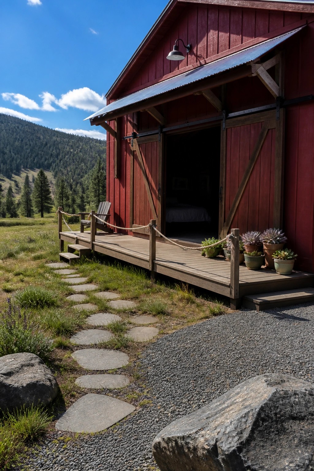 Red barn with open door, potted succulents on deck, stone path to mountains.