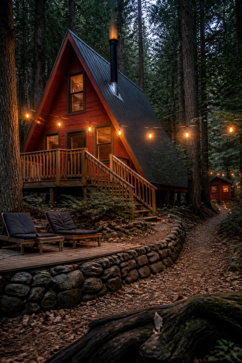 A red A-frame cabin with a dark metal roof and wooden deck sits among tall trees, with string lights along the eaves and two lounge chairs on the deck.