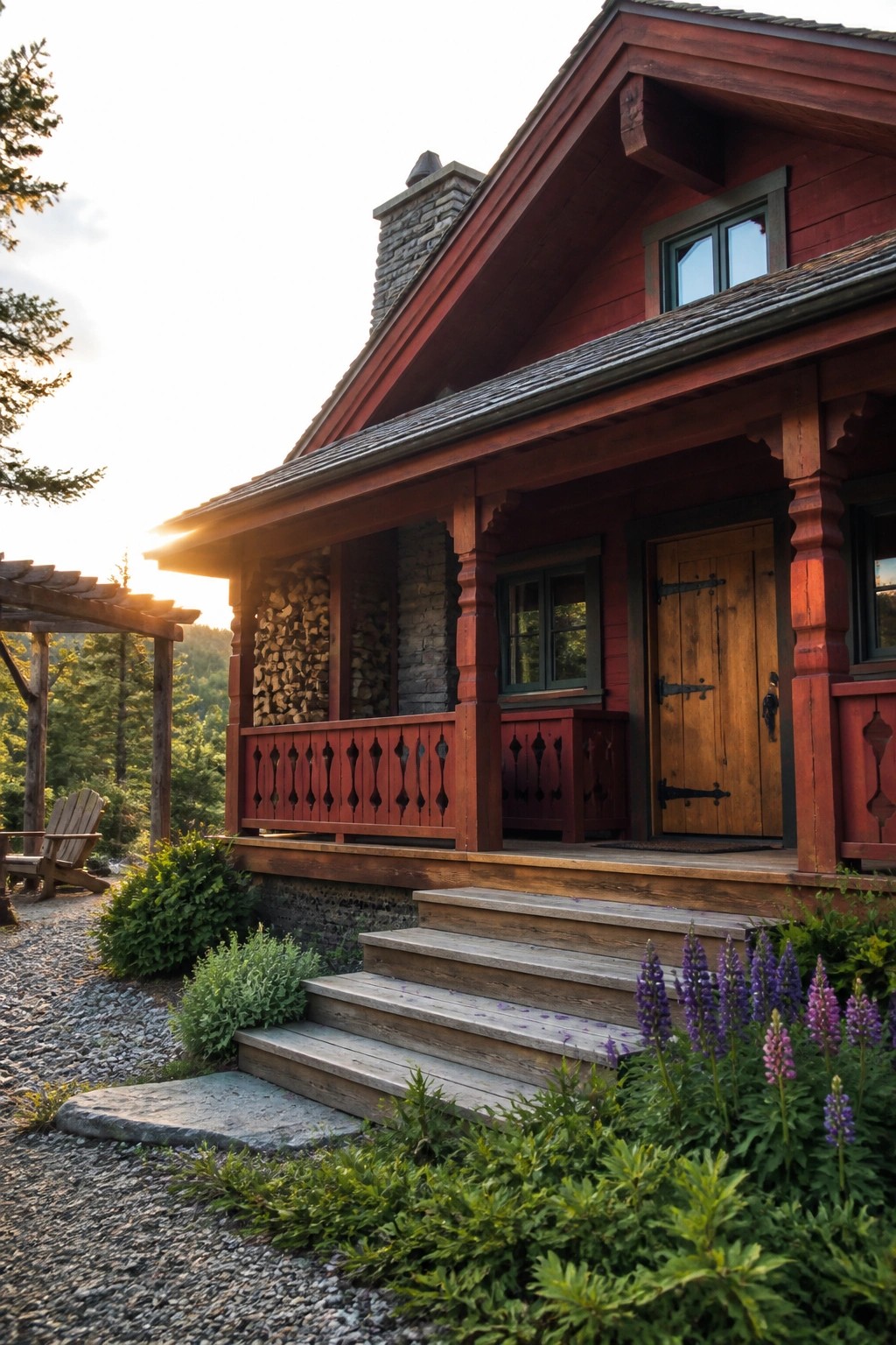 A red wooden cabin with a covered porch, wooden steps, and a stone chimney, set among trees and purple flowers.
