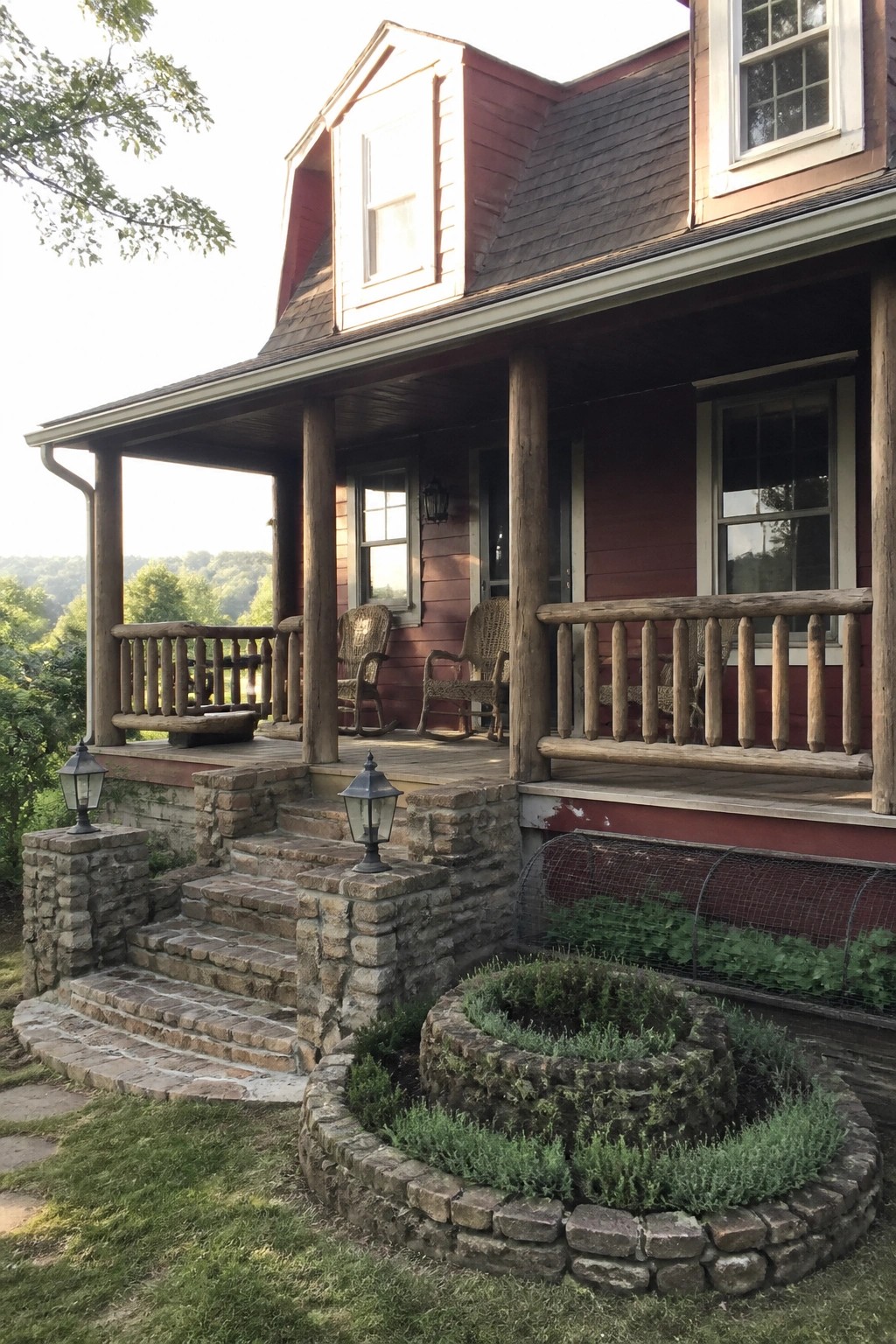 Rustic red wooden house with porch, rocking chairs, stone steps, and circular garden.