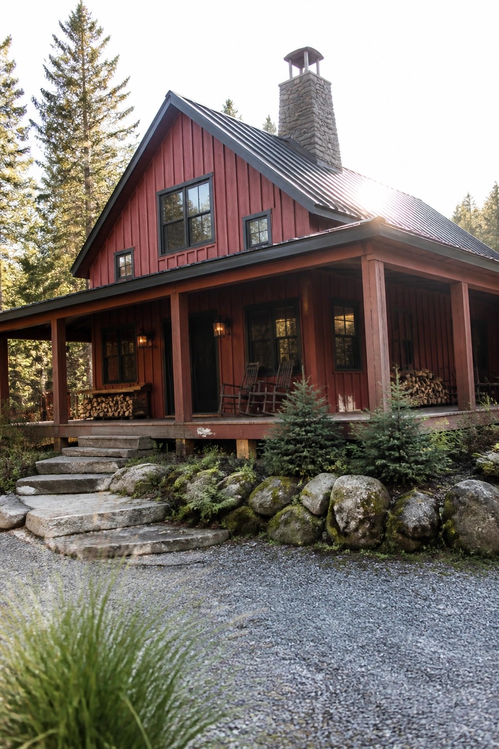 Red wooden cabin with porch, rocking chairs, stone chimney amid pine trees and rocks