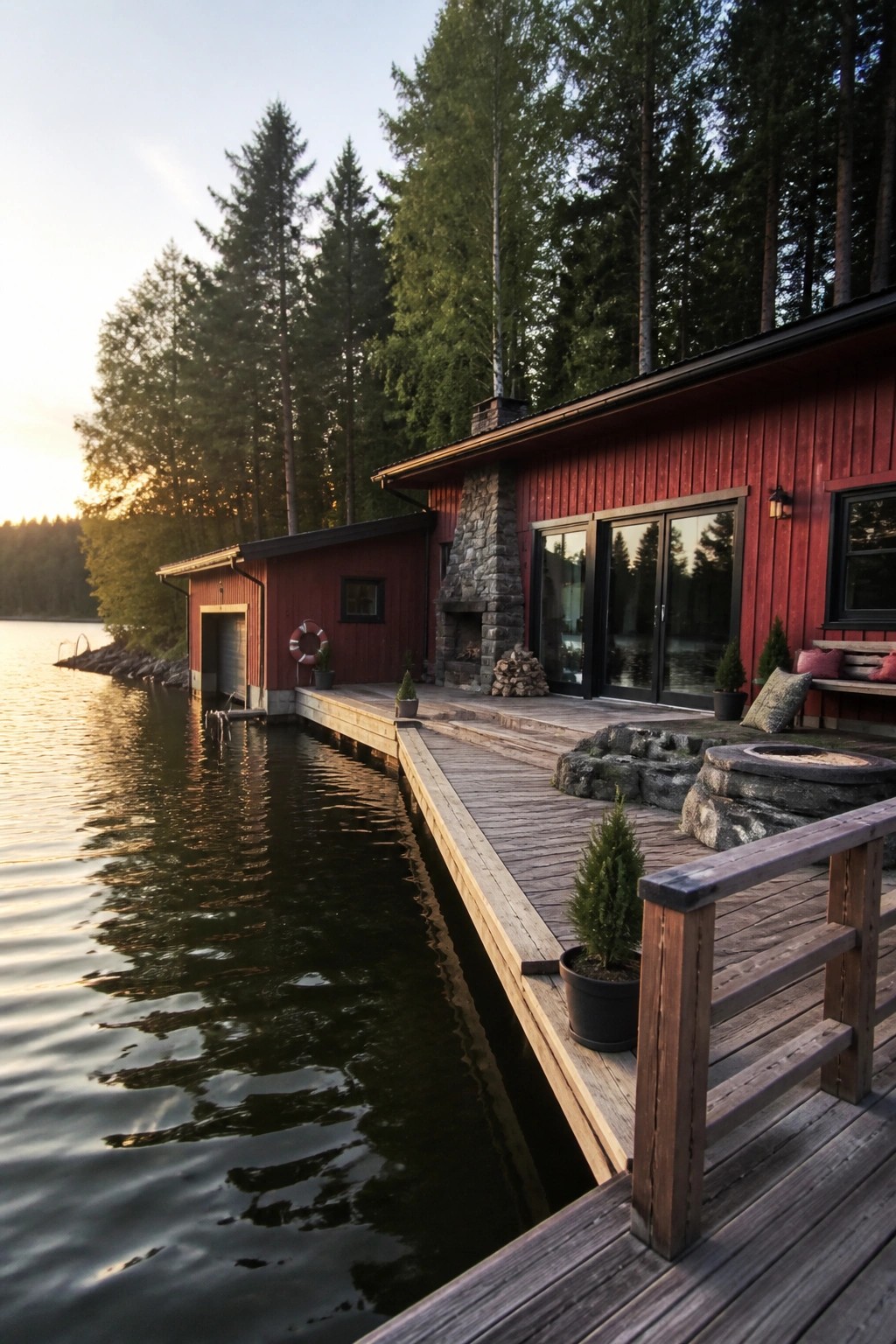 Red wooden cabin on deck by calm lake with stone chimney and pine forest at sunset.