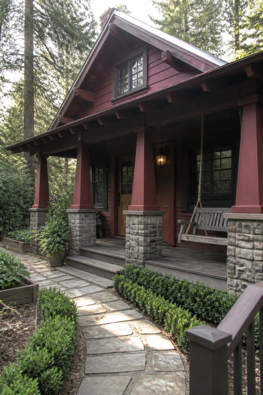 Red wooden cabin porch with stone pillars, hanging swing, forest path and greenery