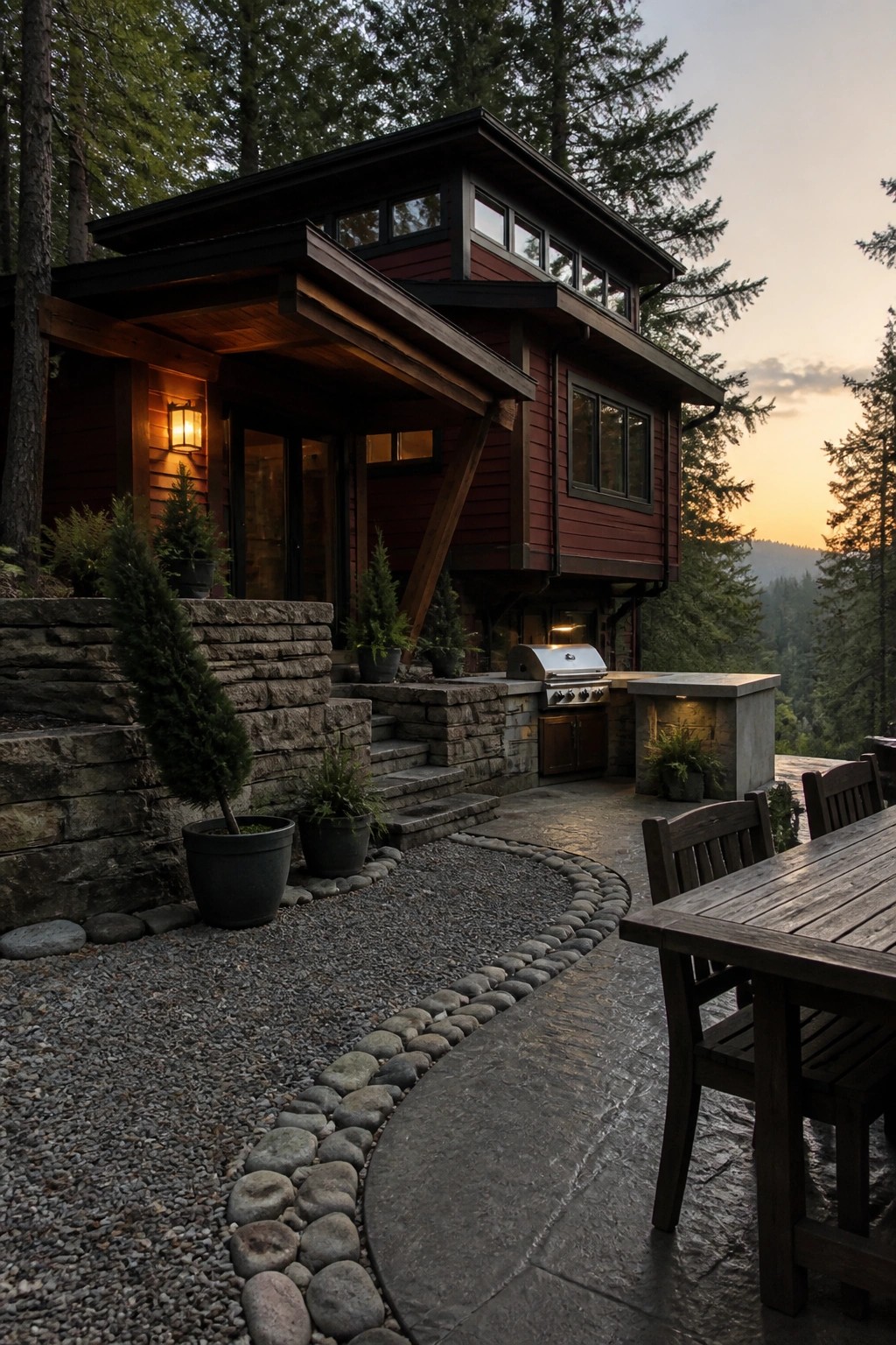 Modern red wooden cabin with outdoor grill, stone patio, and forest dining area at sunset