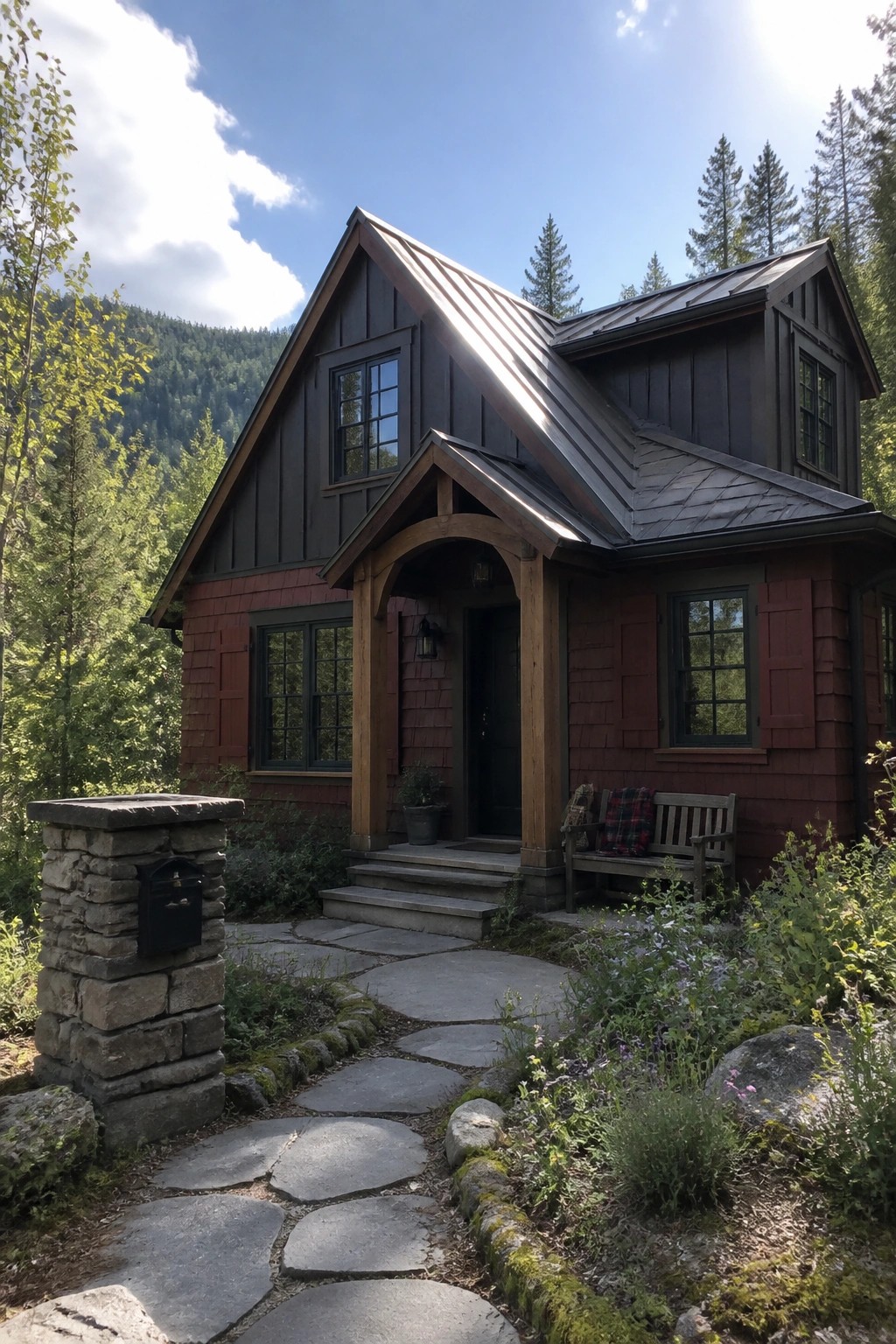 Rustic wooden cabin with red siding, metal roof, stone pathway in forest setting