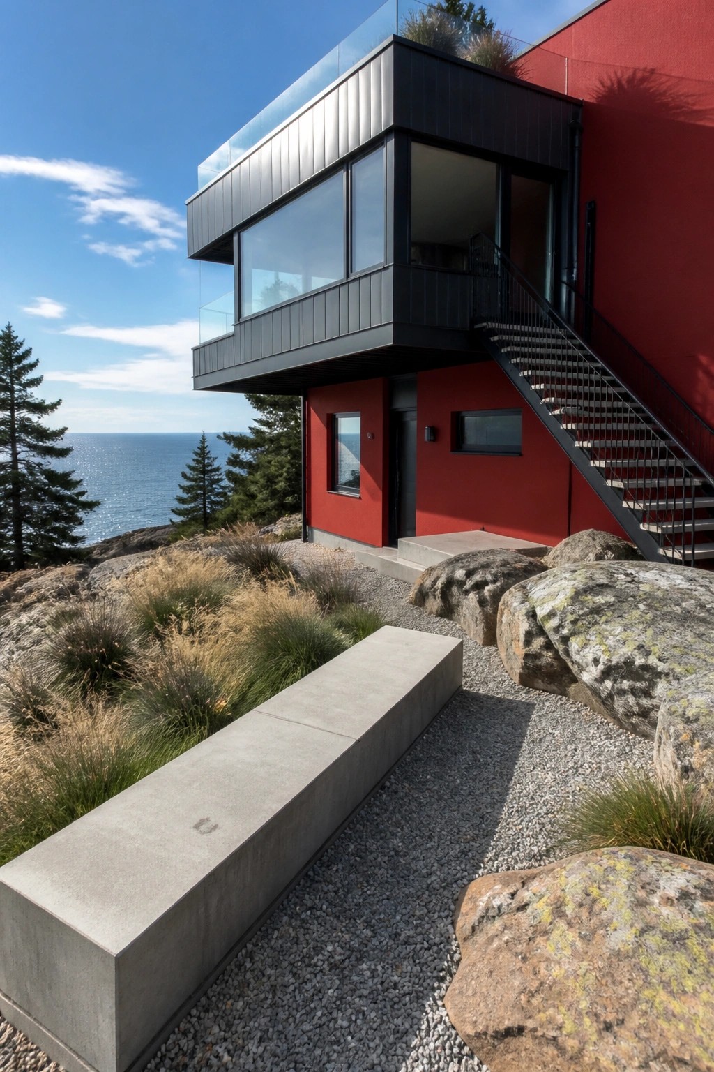 Modern red-and-black house with glass balcony, external stairs, overlooking rocky ocean shore