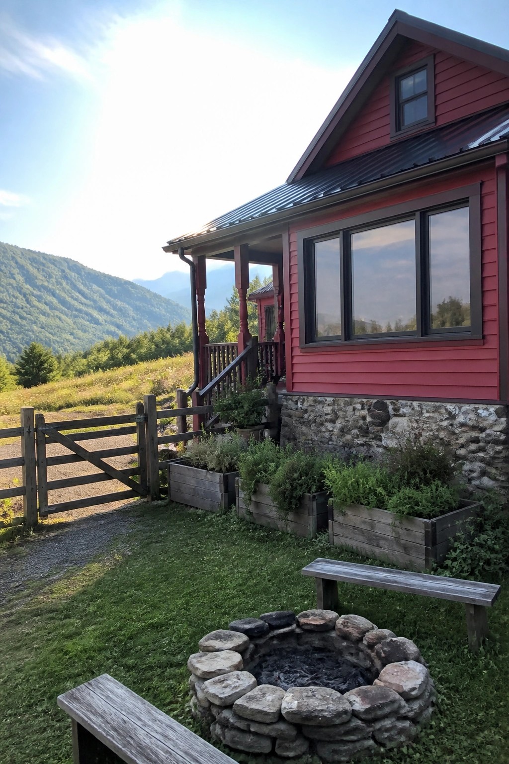 A red wooden cabin exterior with a stone foundation, large windows, wooden planters, and a stone fire pit in a grassy mountain setting.