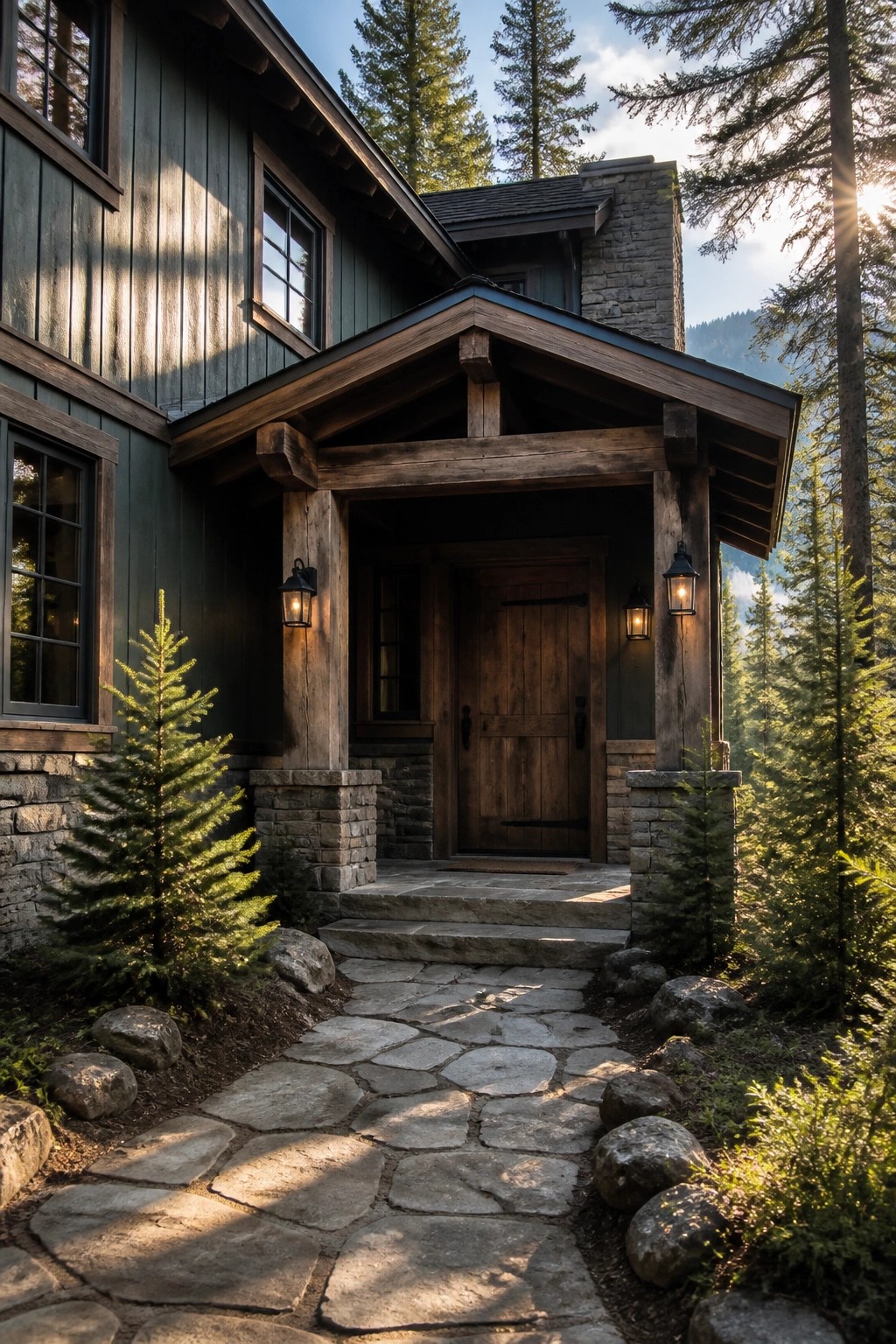 Rustic dark green wooden cabin entrance with stone path, lanterns, and pine trees.