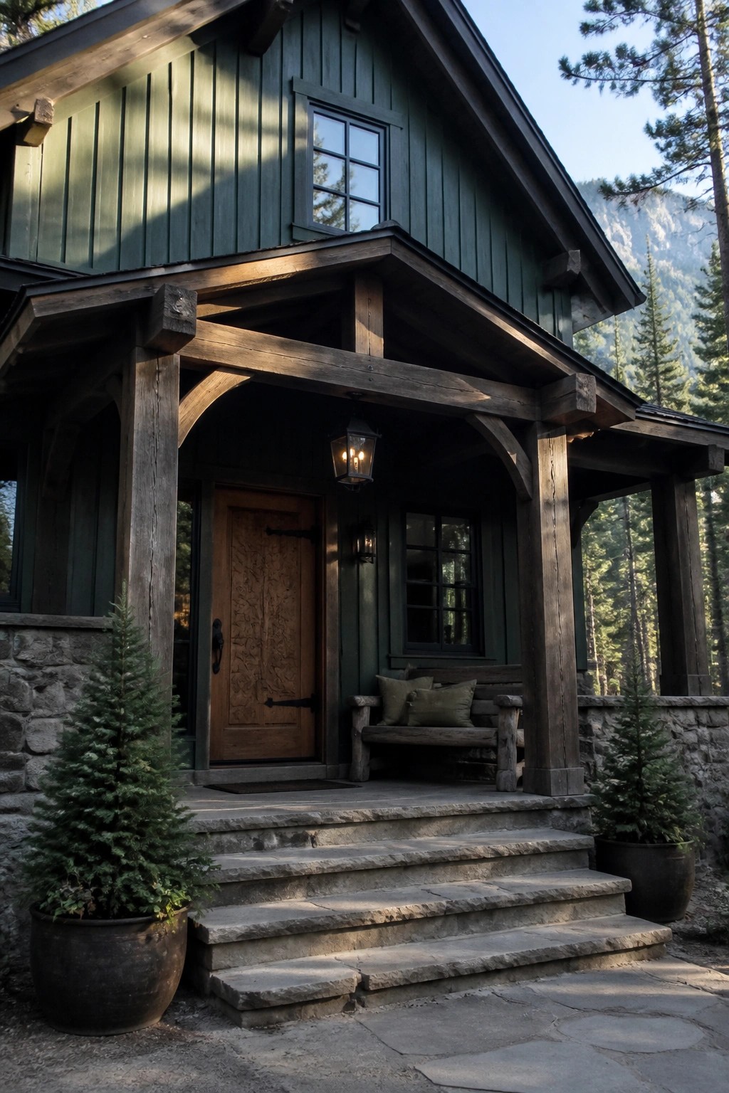 Rustic green wooden cabin with stone steps, porch bench, lantern, and potted trees