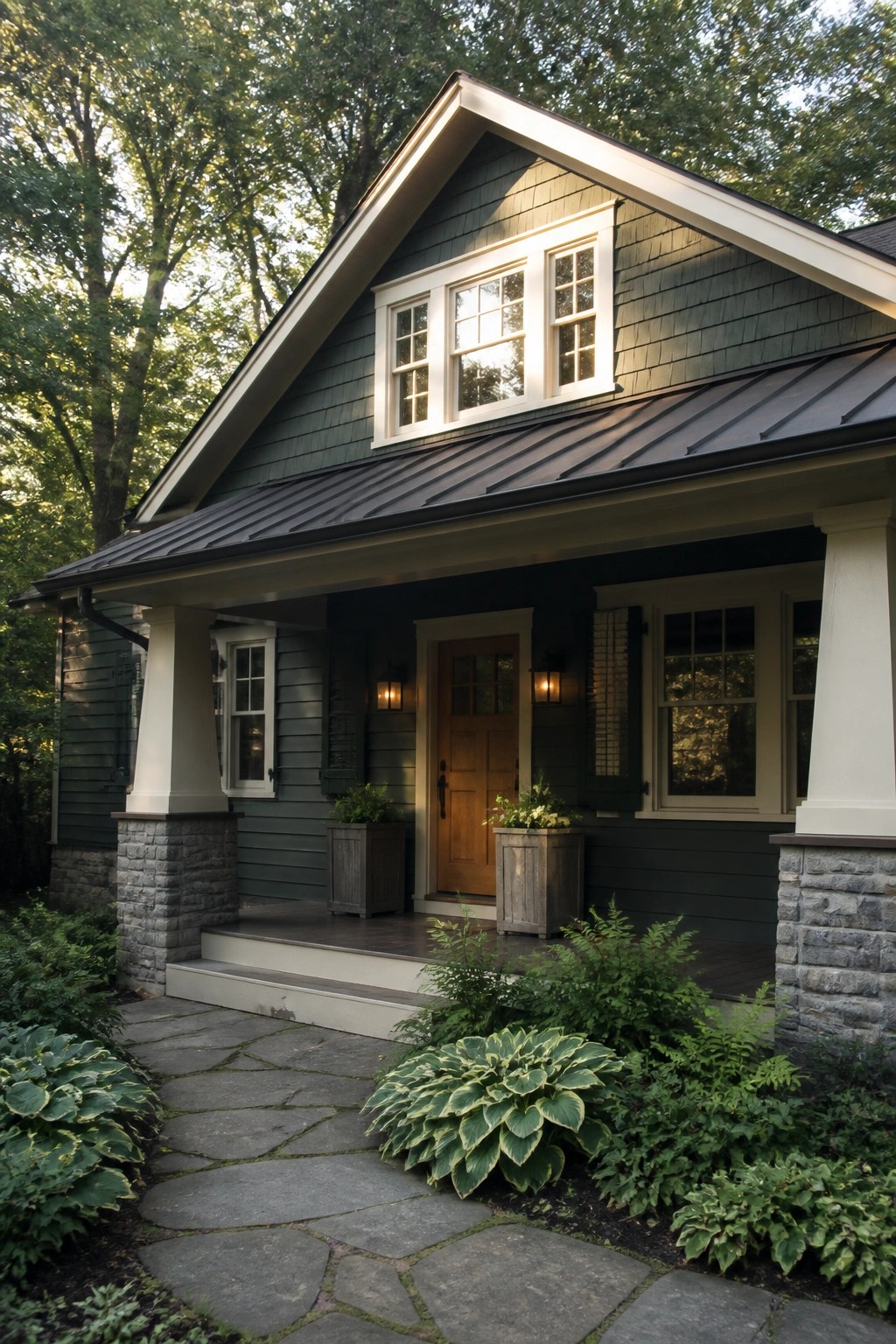 Charming dark green house with wooden door, stone porch, and lush garden pathway