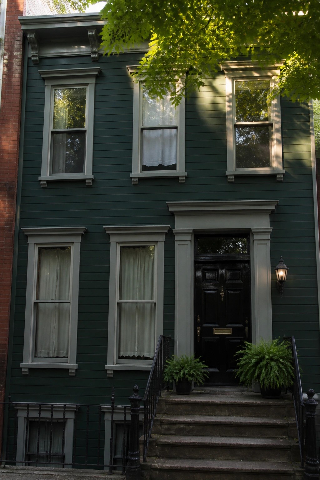 A two-story house painted in rich dark green siding with red brick accents on the left side.